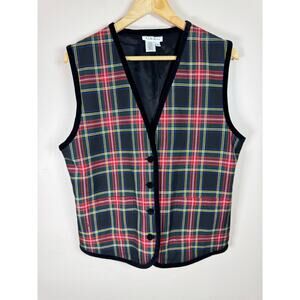 VTG Talbots Women’s Vest Plaid Red Green Velvet Trim Christmas Holiday Medium